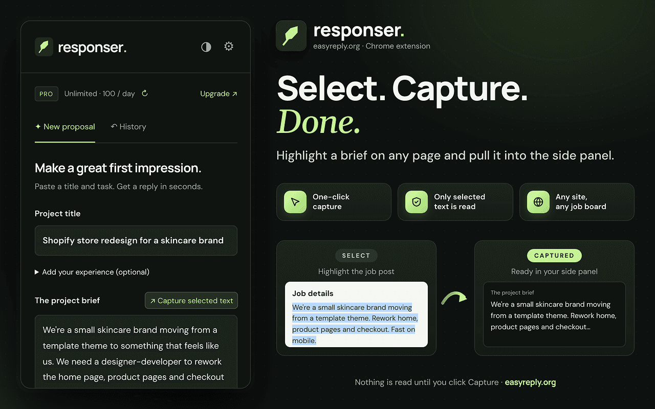 Responser Chrome side panel with a selected Shopify project brief captured and ready for a freelance proposal